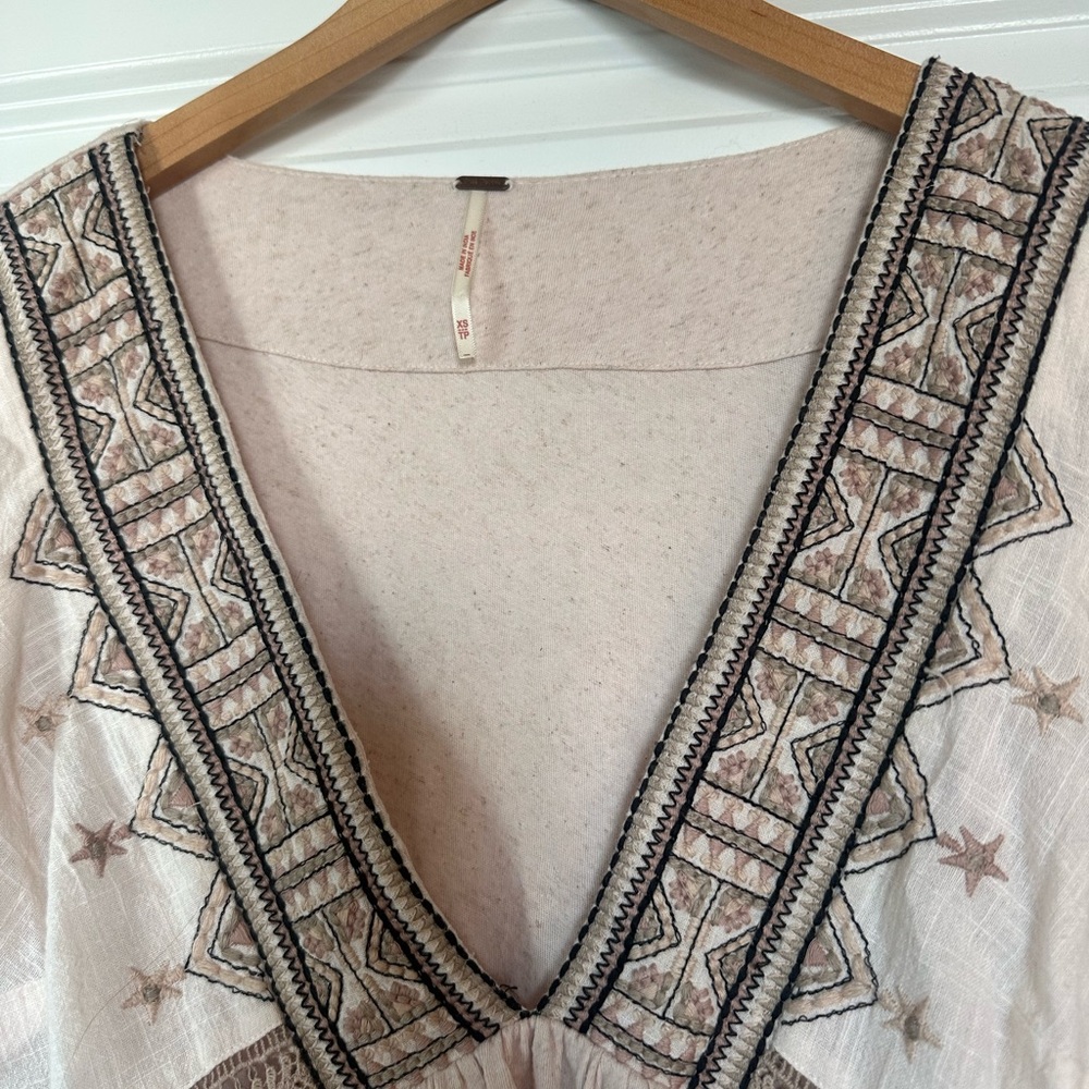 Free People Beige Embroidered V-Neck Blouse - Picture 2 of 2